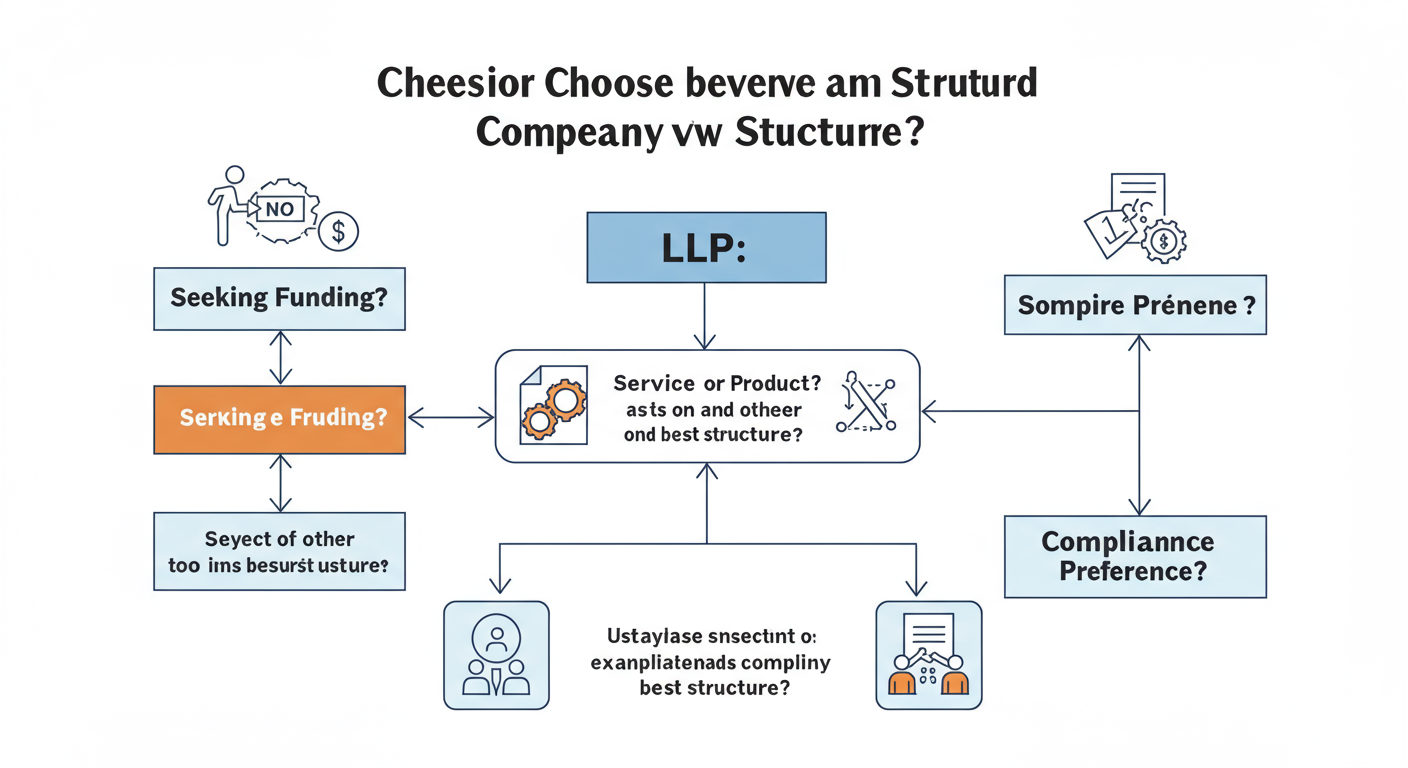 LLP vs Pvt Ltd - professional minimalist flowchart showing the key decision points between an LLP and a Pvt Ltd, with paths for 'Seeking Funding?', 'Service or Product?', 'Compliance Preference?'