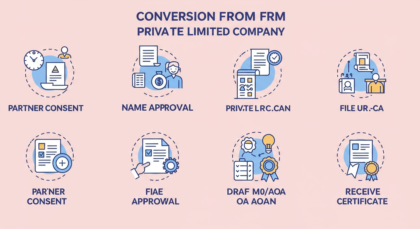 LLP vs Pvt Ltd - step-by-step diagram illustrating the conversion process from LLP to Private Limited Company, with icons for each stage: 'Partner Consent', 'Name Approval', 'File URC-1', 'Draft MOA/AOA', 'Receive Certificate'.