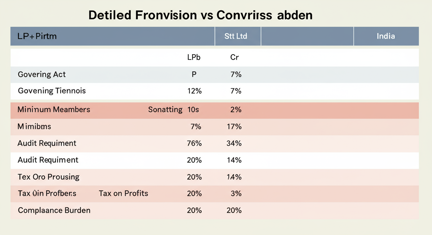 LLP vs Pvt Ltd - detailed comparison table as a high-quality graphic, visually comparing LLP vs Pvt Ltd across 10+ parameters like 'Governing Act', 'Minimum Members', 'Audit Requirement', 'Fundraising', 'Tax on Profits', 'Compliance Burden', etc.