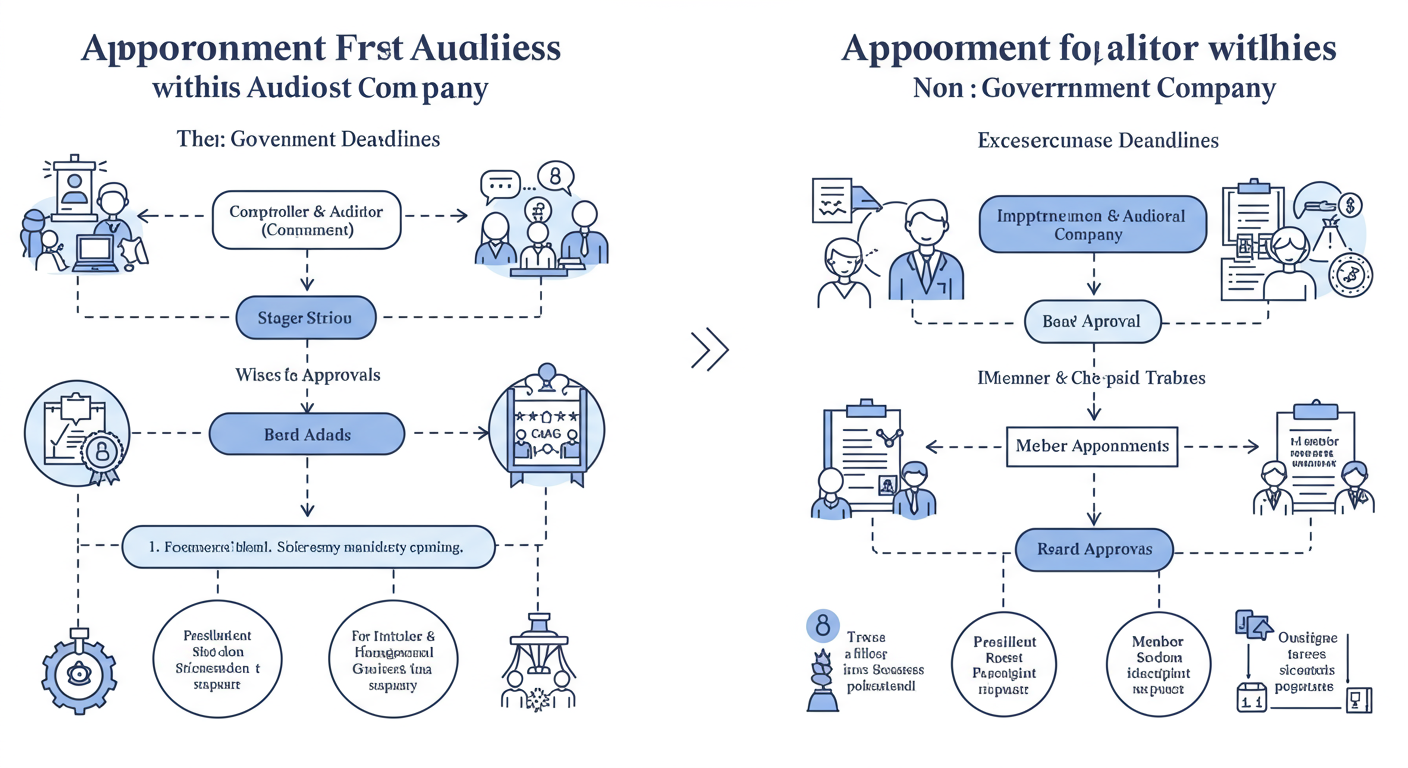 Appointment of Auditor - A clean, modern infographic comparing the appointment timelines for a First Auditor in a Government vs. Non-Government company, showing the cascading deadlines for C&AG, Board, and Members.
