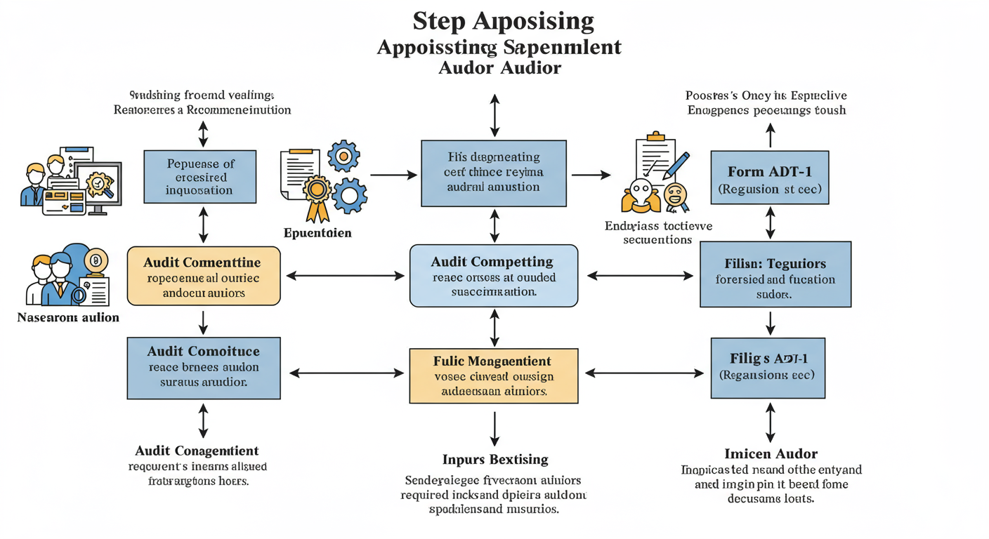 Appointment of Auditor - Professional flowchart illustrating the 7-step process for appointing a subsequent auditor, from Audit Committee recommendation to filing Form ADT-1.