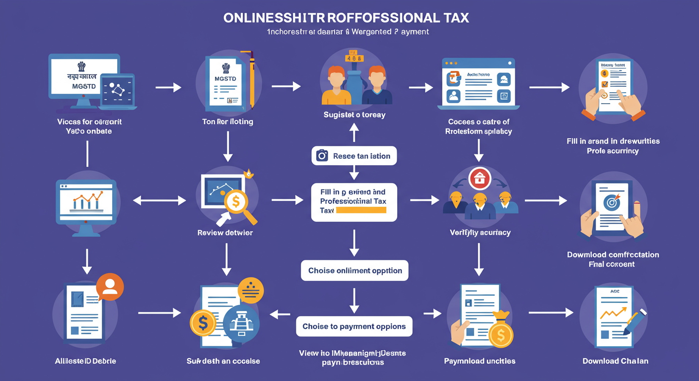 maharashtra professional tax online payment - Infographic flowchart showing the complete Maharashtra Professional Tax online payment process, from visiting the MGSTD website to downloading the final challan. Use clear icons for each step.