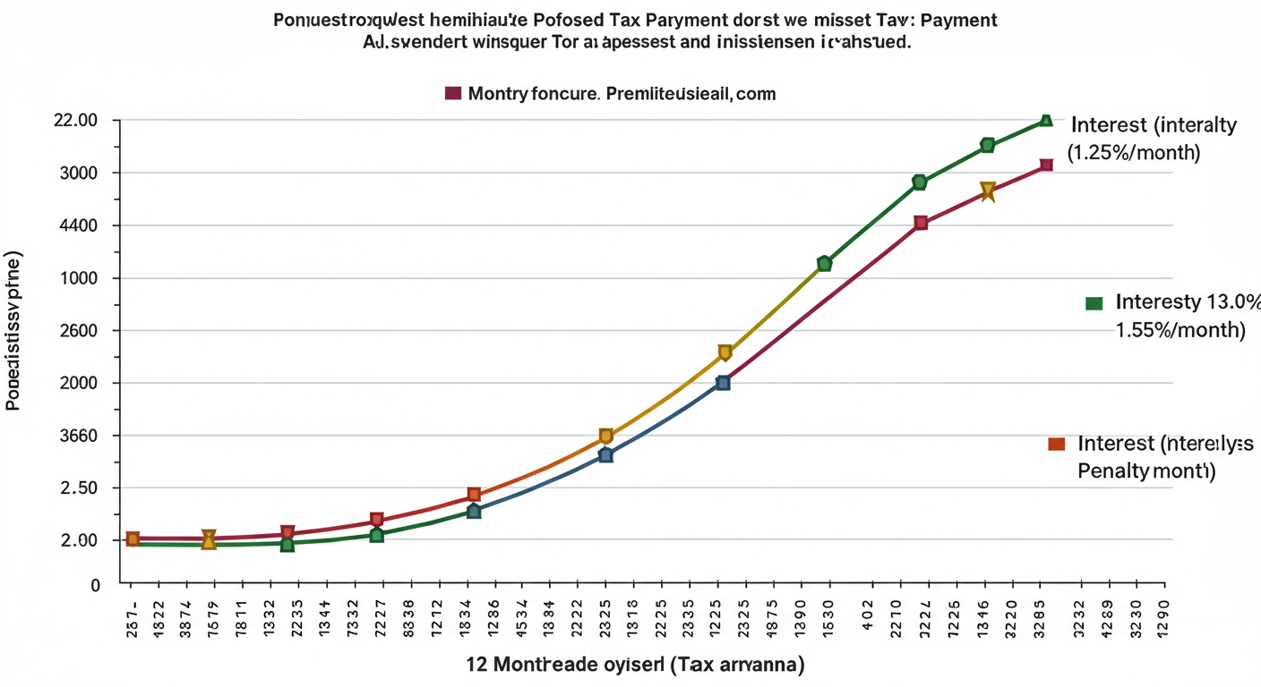 maharashtra professional tax online payment - Data visualization graph showing the penalty and interest accumulation over 12 months for a missed Professional Tax payment. The graph should start at ₹2,500 and show a line curving upwards, labeled with 'Interest (1.25%/month)' and 'Penalty' markers.