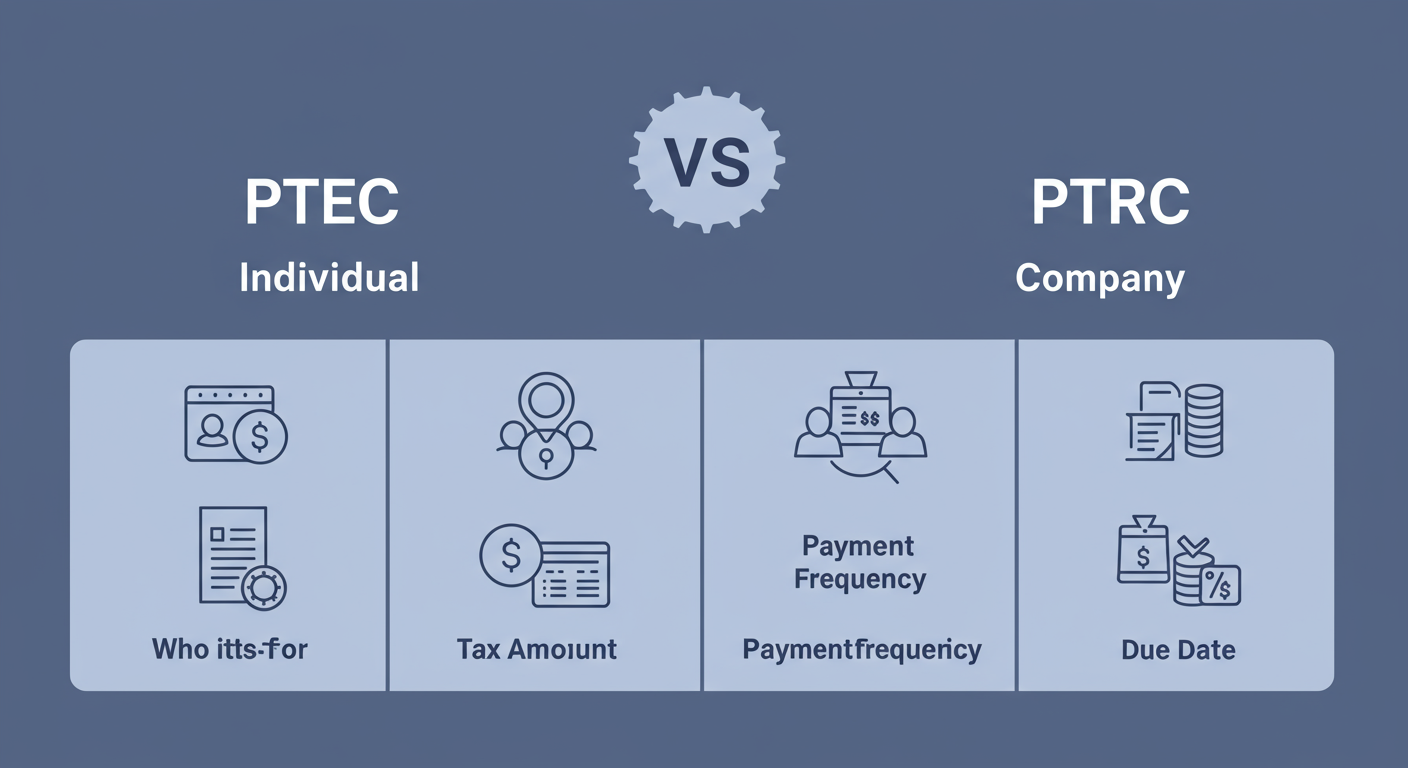 maharashtra professional tax online payment - A clean, modern comparison chart graphic contrasting PTEC and PTRC, with icons for 'Individual' and 'Company'. The chart should clearly show the differences in 'Who it's for', 'Tax Amount', 'Payment Frequency', and 'Due Date'.