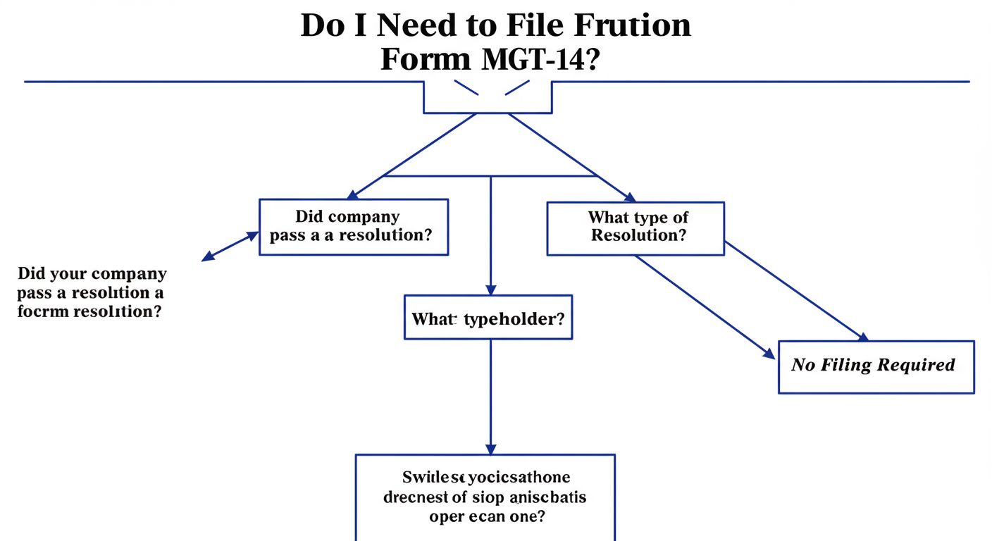 Form MGT-14 Filing - A professional infographic decision tree titled 'Do I Need to File Form MGT-14?'. It starts with 'Did your company pass a resolution?' and branches into 'Board or Shareholder?', then 'What type of resolution?', leading to a clear 'File MGT-14' or 'No Filing Required' outcome.