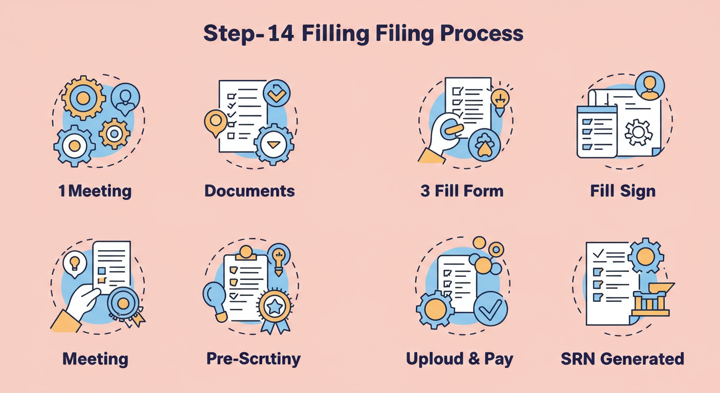 Form MGT-14 Filing - A clean, step-by-step diagram illustrating the 7-step MGT-14 filing process. Each step is a minimalist icon and a short label: 1. Meeting, 2. Documents, 3. Fill Form, 4. DSC Sign, 5. Pre-Scrutiny, 6. Upload & Pay, 7. SRN Generated.