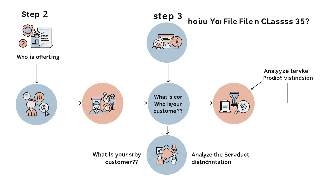 Trademark Class 35 - A minimalist step-by-step flowchart diagram titled 'Should You File in Trademark Class 35?'. Step 1: 'What is your core offering?'. Step 2: 'Who is your customer?'. Step 3: 'Analyze the Service vs. Product distinction'.