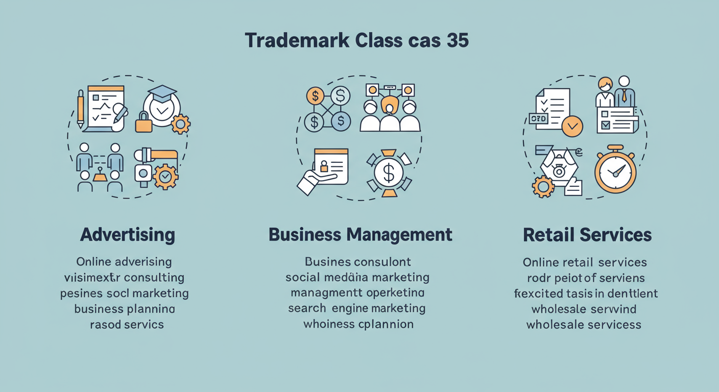 Trademark Class 35 - Professional infographic with three main icons for 'Advertising', 'Business Management', and 'Retail Services', with bullet points listing specific examples under each icon for Trademark Class 35.