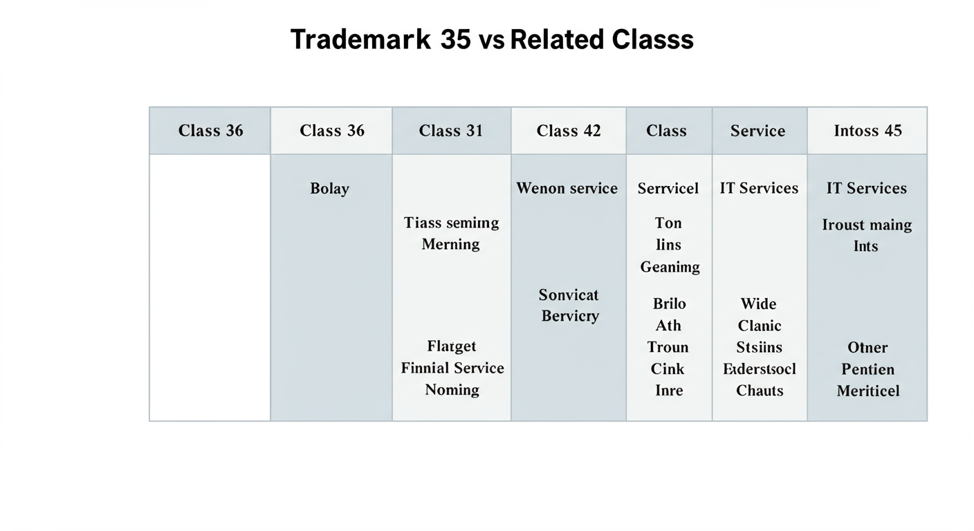Trademark Class 35 - A clean, modern comparison chart graphic titled 'Trademark Class 35 vs. Related Classes'. It has columns for Class 35, Class 36, Class 41, Class 42, and Class 45, with rows comparing how each class treats a specific service like 'Financial Services' or 'IT Services'.