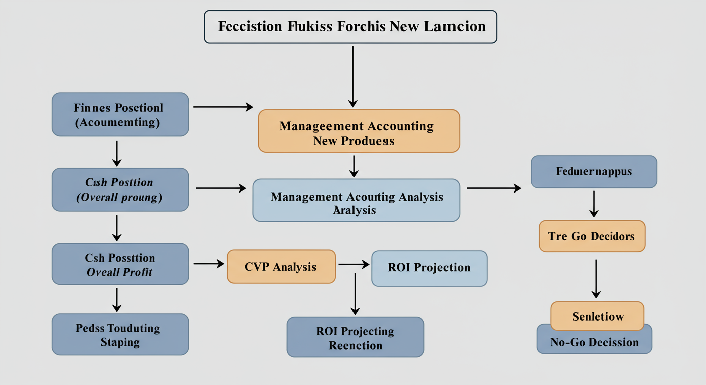 difference between financial and management accounting - A professional flowchart diagram showing the decision-making process for launching a new product. Inputs on the left from "Financial Accounting" (e.g., Cash Position, Overall Profit). These feed into a central box "Management Accounting Analysis" with sub-bullets like 'CVP Analysis', 'Budgeting', 'ROI Projection'. The final output on the right is a clear "Go / No-Go Decision."