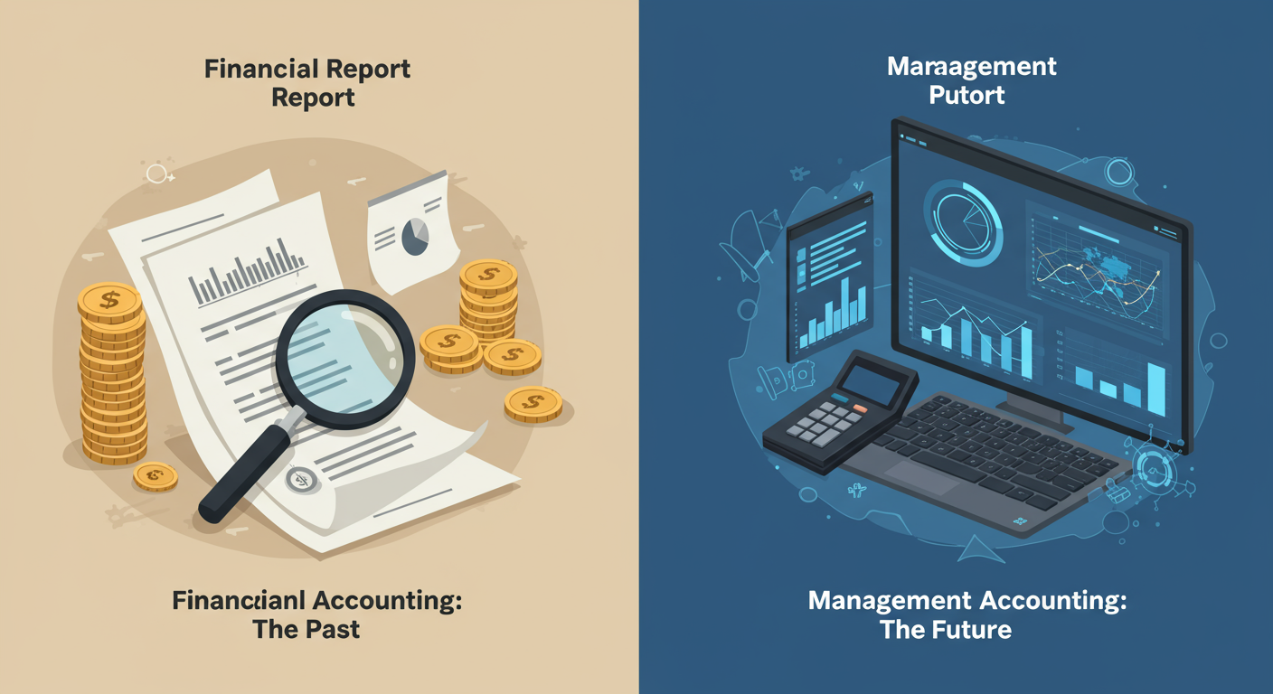difference between financial and management accounting - A dynamic infographic with a split-screen design. Left side shows a polished, historical report with a magnifying glass over it, labeled "Financial Accounting: The Past." Right side shows a futuristic dashboard with charts, graphs, and forward-pointing arrows, labeled "Management Accounting: The Future."