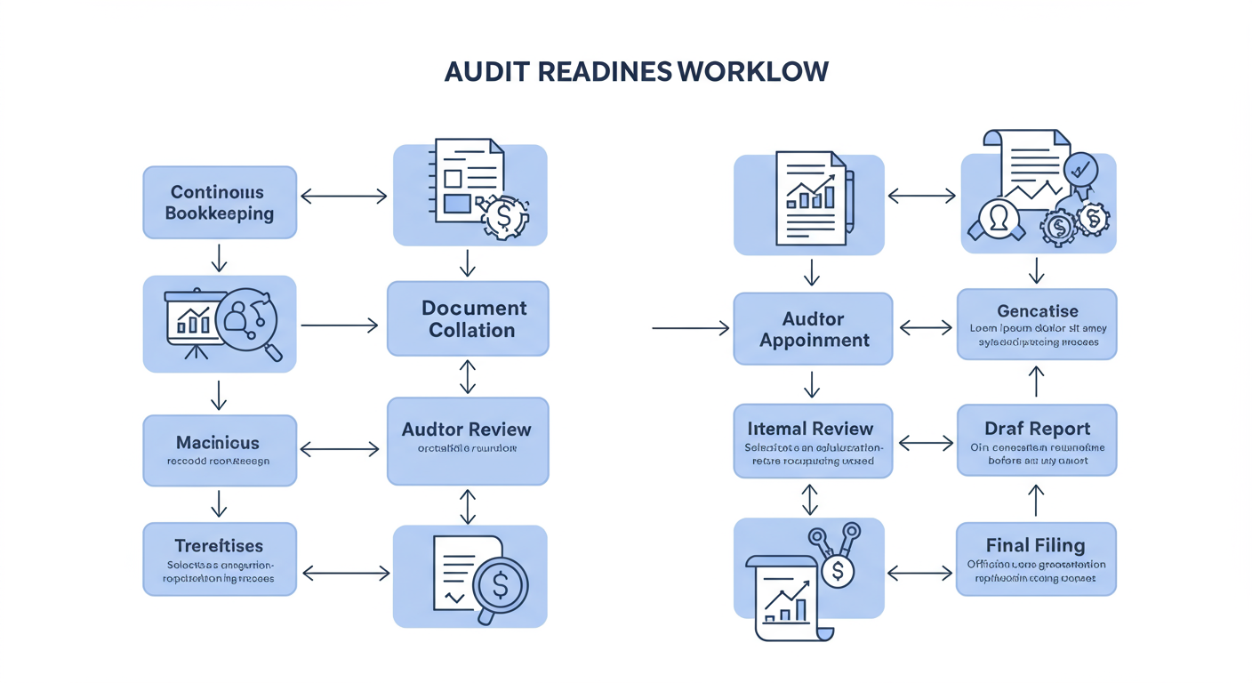 Audit Last Date 2026-27 - A professional minimalist flowchart showing the "Audit Readiness Workflow". Steps include: 1. Continuous Bookkeeping -> 2. Document Collation -> 3. Auditor Appointment -> 4. Internal Review -> 5. Draft Report -> 6. Final Filing.
