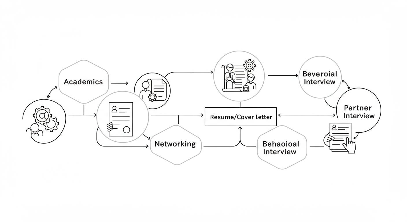 Big Four companies in India - A clean, minimalist flowchart diagram illustrating the 5 steps to landing a Big Four job, starting from 'Academics' and ending with 'Partner Interview'.