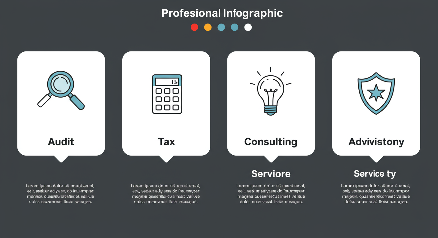 Big Four companies in India - Professional infographic with four distinct columns, each with an icon (magnifying glass for Audit, calculator for Tax, lightbulb for Consulting, shield for Advisory) and a brief description of the service line.