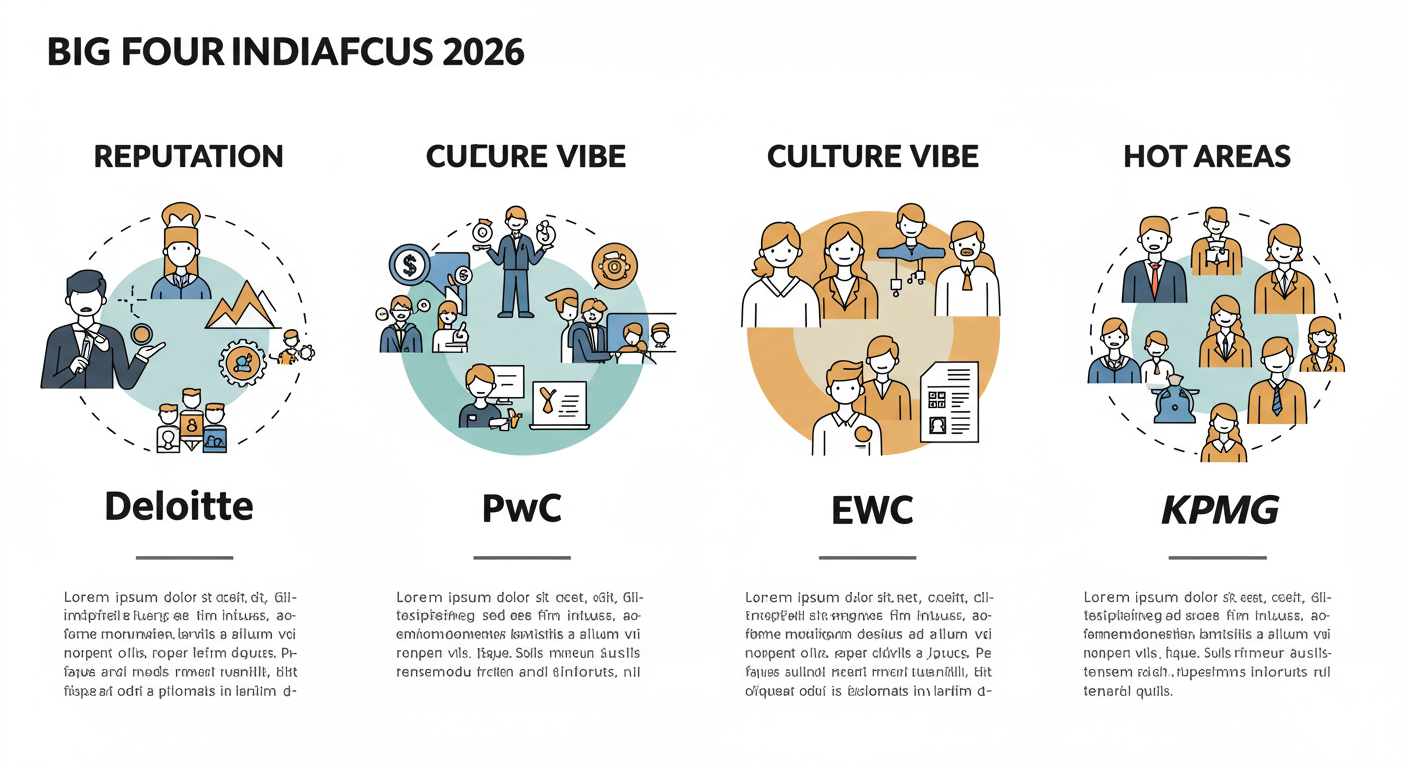 Big Four companies in India - A visually appealing comparison chart graphic titled 'Big Four India: Culture & Focus 2026' comparing Deloitte, PwC, EY, and KPMG on 'Reputation', 'Culture Vibe', and 'Hot Areas'.