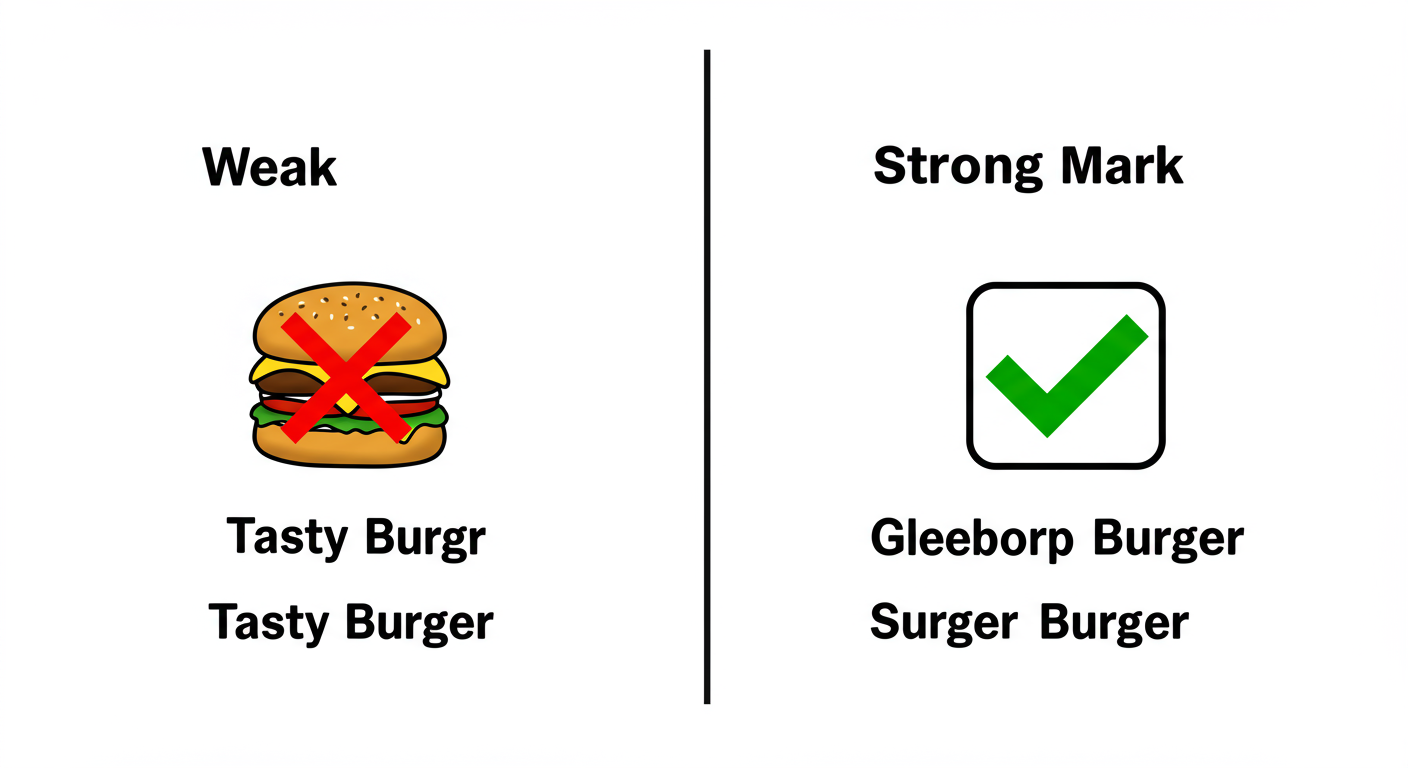 trademark registration fees - A simple, clean comparison graphic showing a 'Weak Mark' (e.g., "Tasty Burger") with a red X and a 'Strong Mark' (e.g., "Gleeborp Burger") with a green checkmark, illustrating the concept of trademark strength.