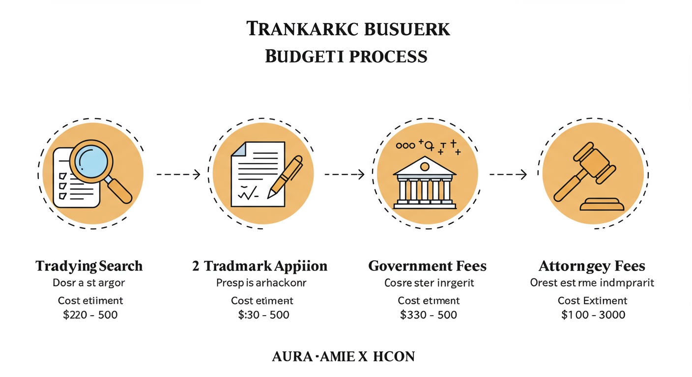 trademark registration fees - Professional minimalist flowchart showing the 4-step trademark budgeting process for 'Aura Coffee', with icons and cost estimates for each step.