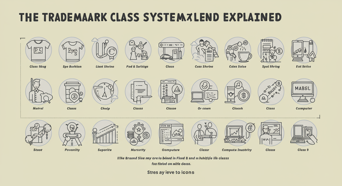 trademark registration fees - Detailed infographic titled 'The Trademark Class System Explained' showing icons for different industries (e.g., a t-shirt for Class 25, a coffee cup for Class 30, a computer for Class 9) and how a single brand might need to file in multiple classes.
