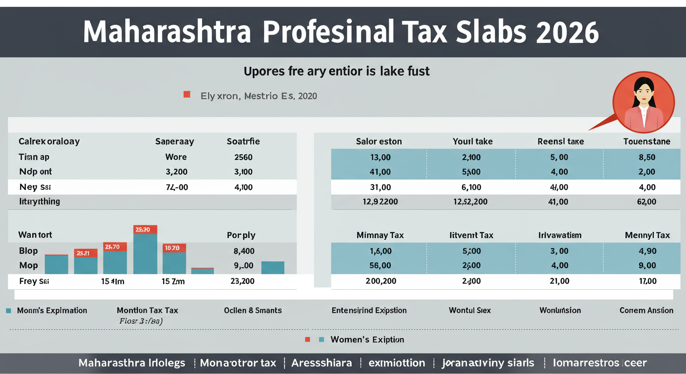 professional tax payment online maharashtra - Clean and modern infographic titled 'Maharashtra Professional Tax Slabs 2026'. It should visually represent the salary brackets and corresponding monthly tax amounts, with a special highlighted section for the women's exemption.