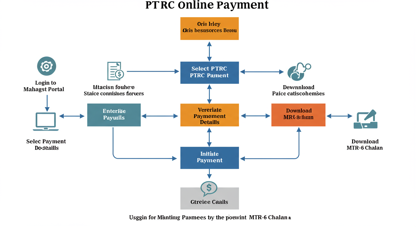 professional tax payment online maharashtra - Professional minimalist flowchart showing the 7-step PTRC online payment process, from logging into the Mahagst portal to downloading the MTR-6 challan.