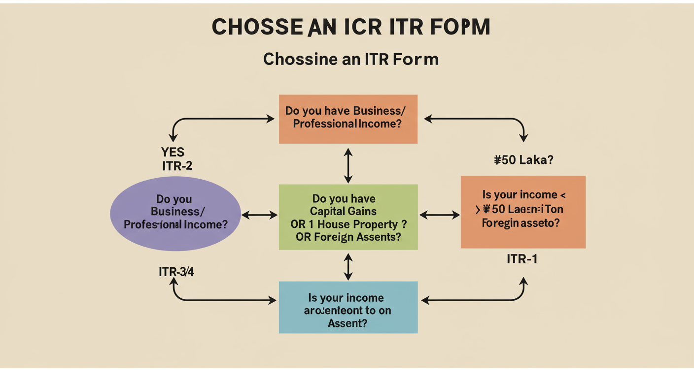 ITR-2 Form Guide - Professional minimalist flowchart showing the decision process for choosing an ITR form. Start with "Do you have Business/Professional Income?". If YES, go to ITR-3/4. If NO, ask "Do you have Capital Gains OR >1 House Property OR Foreign Assets?". If YES, go to ITR-2. If NO, ask "Is your income < ₹50 Lakh?". If YES, go to ITR-1.