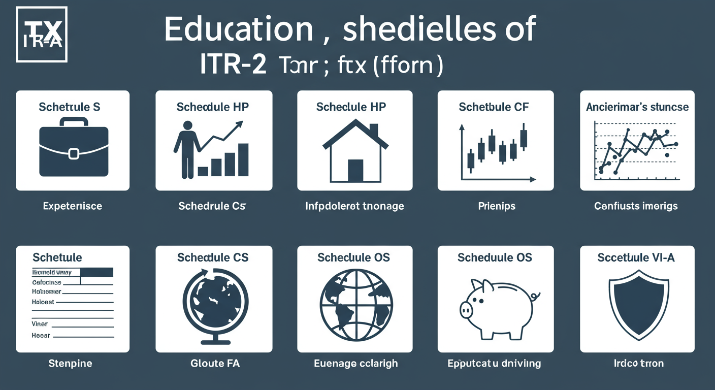 ITR-2 Form Guide - Educational infographic illustrating the 6 key schedules of the ITR-2 form. Use icons: a briefcase for Schedule S, a house for Schedule HP, a stock chart for Schedule CG, a piggy bank for Schedule OS, a globe for Schedule FA, and a shield for Schedule VI-A.