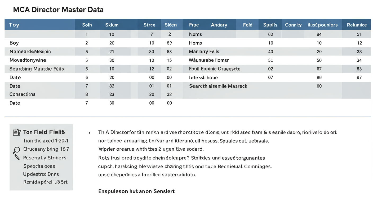 MCA director master data - detailed comparison table as a high-quality graphic, showing the key fields in MCA Director Master Data and explaining the significance of each field with icons.