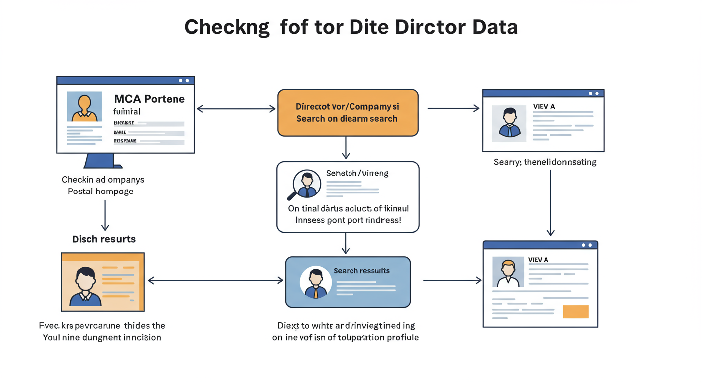 MCA director master data - professional minimalist flowchart showing the workflow of checking MCA director data, starting from the MCA portal homepage to viewing the final director profile.