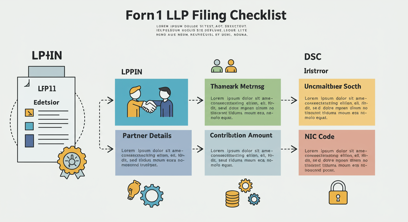 Form 11 LLP Filing - Professional infographic titled 'Form 11 LLP Filing Checklist' with icons for each item: LLPIN, Partner Details, Contribution Amount, NIC Code, and DSC.