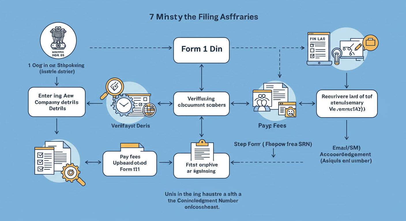 Form 11 LLP Filing - Clean, minimalist flowchart showing the 7 steps of the Form 11 filing process, from logging into the MCA portal to receiving the SRN.