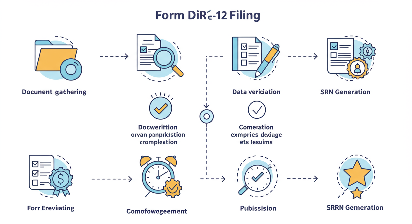 Form DIR-12 filing - Professional minimalist flowchart showing the 7-step workflow of Form DIR-12 filing, from document gathering to SRN generation, with clear icons for each step.