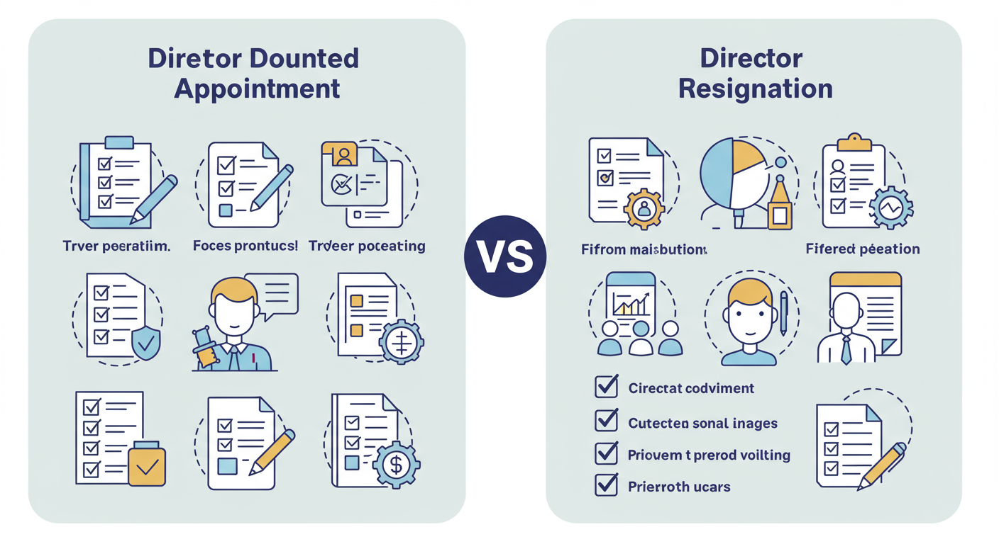 Form DIR-12 filing - Educational infographic comparing the required documents for Director Appointment vs. Director Resignation side-by-side, using checklist icons and clean typography.