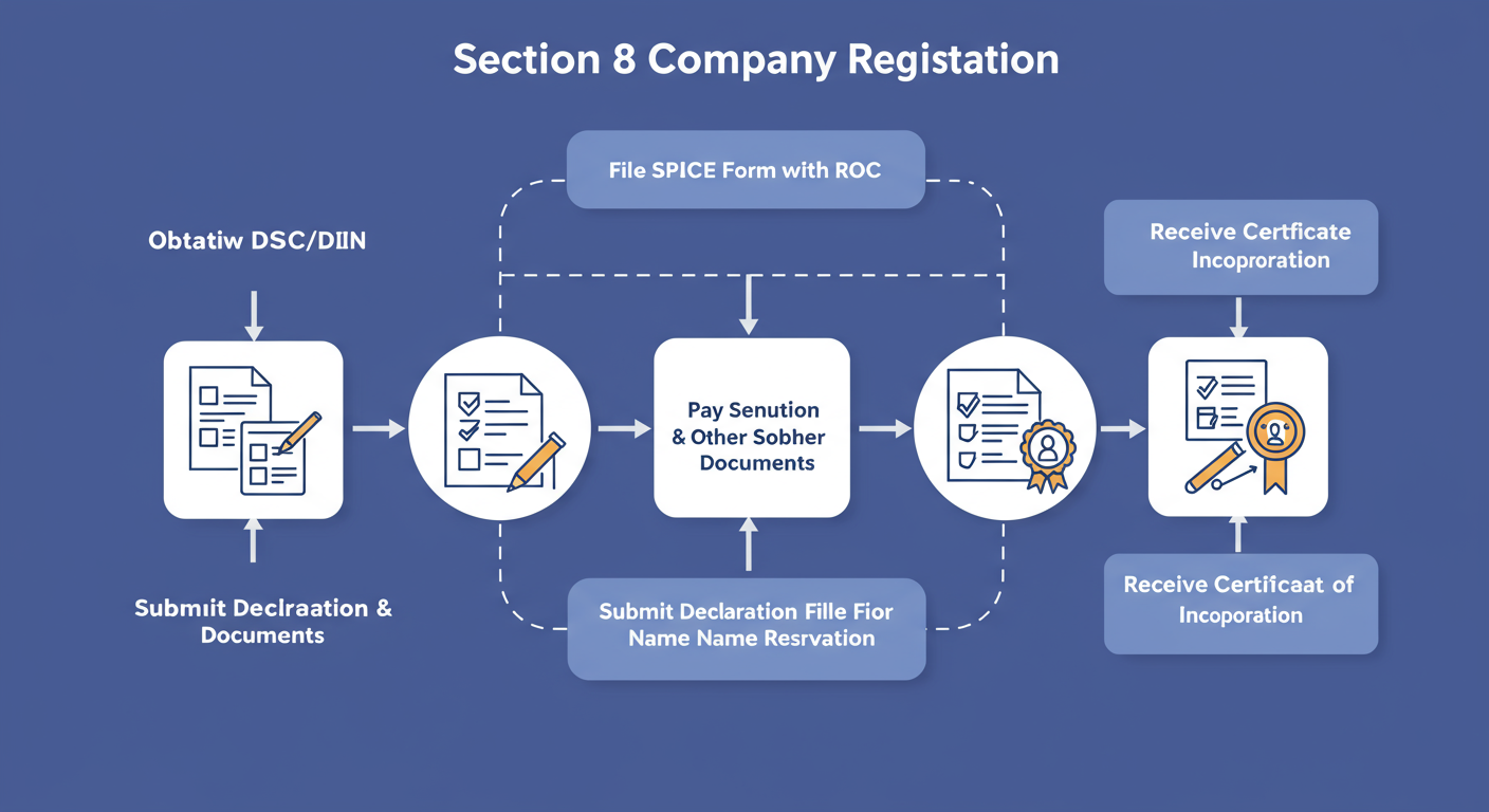 Section 8 Company Registration: The Ultimate 2026 NPO Guide 2 Section 8 Company - Professional minimalist flowchart showing the 5-step workflow for Section 8 Company registration, from 'Obtain DSC/DIN' to 'Receive Certificate of Incorporation'.