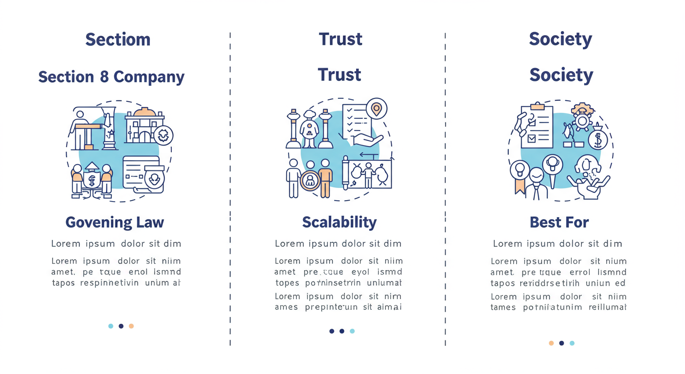 Section 8 Company Registration: The Ultimate 2026 NPO Guide 1 Section 8 Company - Detailed infographic visually comparing the key attributes of a Section 8 Company, a Trust, and a Society, using icons and clear labels for 'Governing Law', 'Scalability', and 'Best For'.