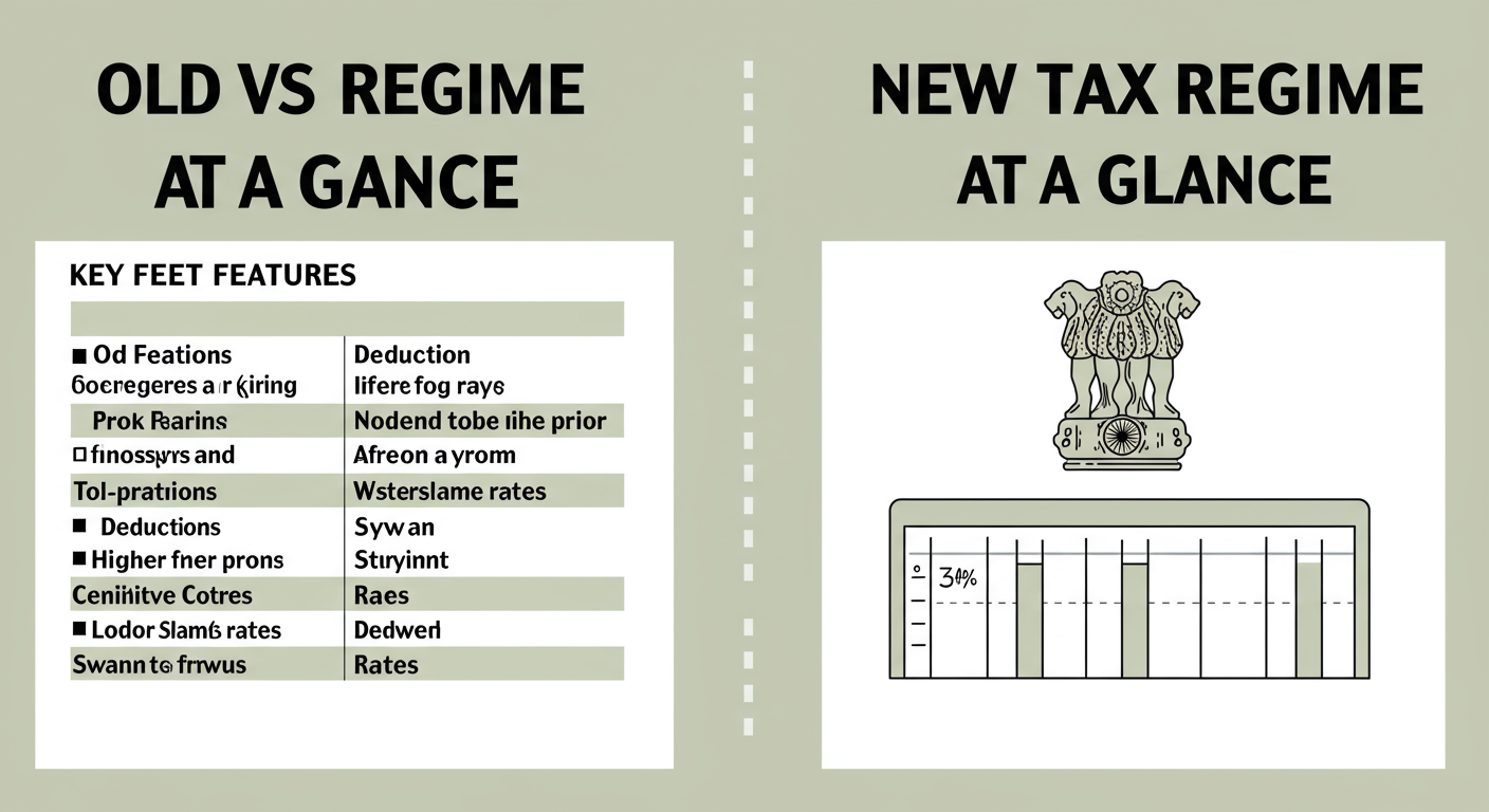 e-filing portal quick links - A clean, modern comparison chart graphic titled 'Old vs. New Tax Regime at a Glance'. One side lists key features of the Old Regime (deductions, higher slab rates) and the other lists features of the New Regime (no deductions, lower slab rates).