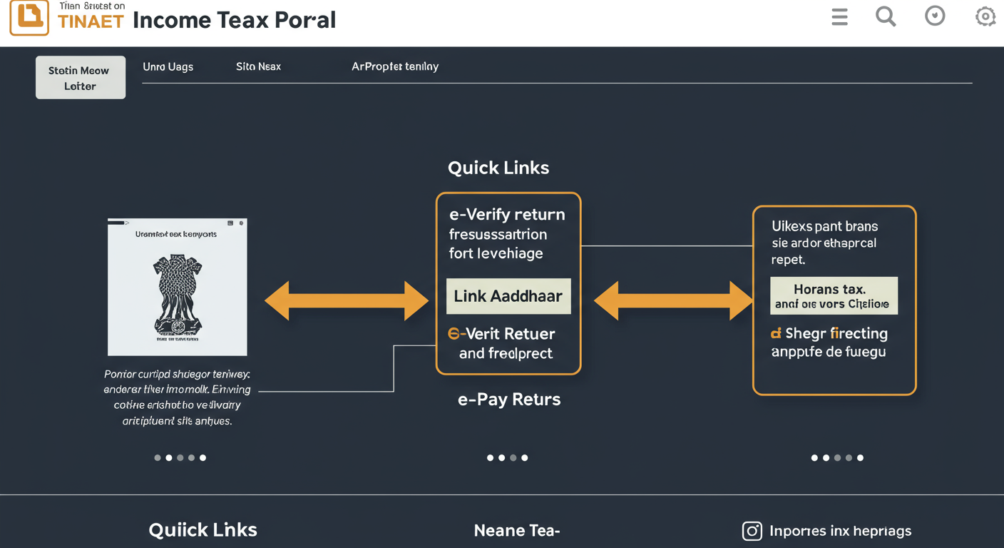 e-filing portal quick links - Professional infographic showing a stylized screenshot of the Income Tax portal homepage. Bright arrows point to the 'Quick Links' section, with callout boxes highlighting 'e-Verify Return', 'Link Aadhaar', and 'e-Pay Tax' with one-sentence descriptions.