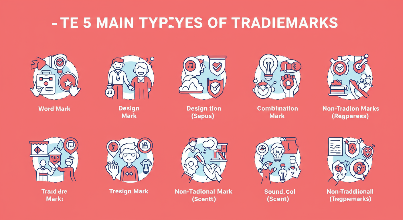 12 Famous Trademark Examples & The Secrets to Their Success (2026) 1 famous trademark examples - A high-quality infographic titled "The 5 Main Types of Trademarks" with clear icons and examples for Word Mark, Design Mark, Combination Mark, Trade Dress, and Non-Traditional Marks (Sound, Color, Scent).