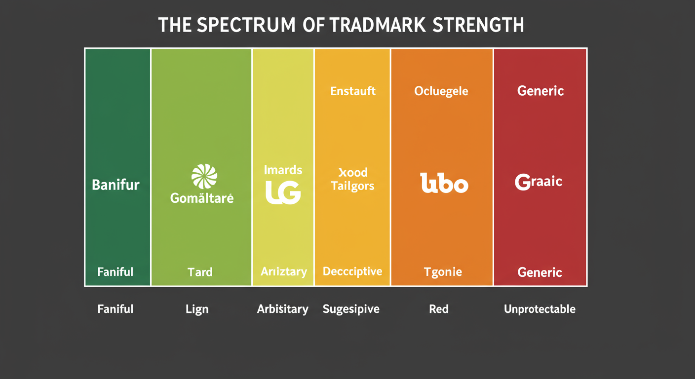 12 Famous Trademark Examples & The Secrets to Their Success (2026) 2 famous trademark examples - A horizontal bar chart titled "The Spectrum of Trademark Strength" showing five segments from left to right: Fanciful (dark green, strongest), Arbitrary (light green), Suggestive (yellow), Descriptive (orange), and Generic (red, unprotectable). Each segment has an example brand logo.