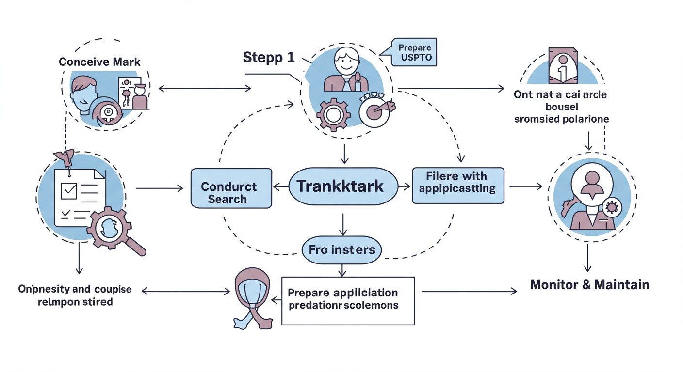 12 Famous Trademark Examples & The Secrets to Their Success (2026) 3 famous trademark examples - A clean, professional flowchart diagram illustrating the 5 steps to securing a trademark: 1. Conceive Mark -> 2. Conduct Search -> 3. Prepare Application -> 4. File with USPTO -> 5. Monitor & Maintain.
