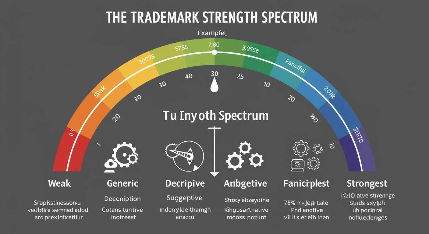 How to Register a Trademark Online in 2026 (A Pro's Guide) 1 register a trademark online - A vibrant, easy-to-read infographic titled 'The Trademark Strength Spectrum'. It shows a gauge from 'Weak' to 'Strongest', with icons and examples for Generic, Descriptive, Suggestive, Arbitrary, and Fanciful marks.