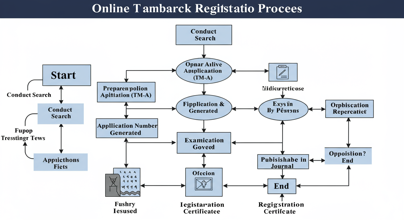 How to Register a Trademark Online in 2026 (A Pro's Guide) 2 register a trademark online - A clean, professional flowchart diagram showing the online trademark registration process. Steps include: 'Start', 'Conduct Search', 'Prepare Application (TM-A)', 'File Online & Pay Fee', 'Application Number Generated', 'Examination by Govt.', 'Objection?', 'Response Filed', 'Published in Journal', 'Opposition?', 'Registration Certificate Issued', 'End'.