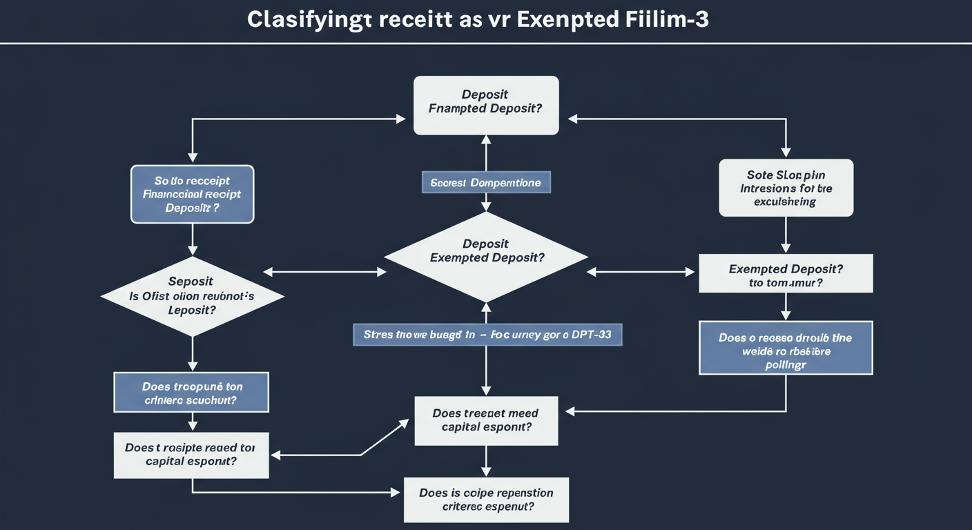Form DPT-3 filing - Professional minimalist flowchart showing the decision-making process for classifying a financial receipt as either a 'Deposit' or an 'Exempted Deposit' for DPT-3 filing.