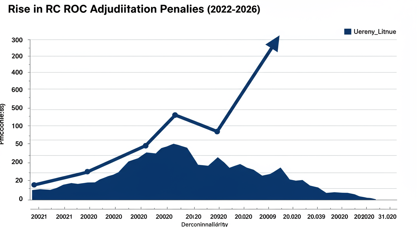 Form DPT-3 filing - A dramatic data trend graph titled 'Rise in ROC Adjudication Penalties (2022-2026)' showing a steep upward curve, visually representing the increased risk of non-compliance.