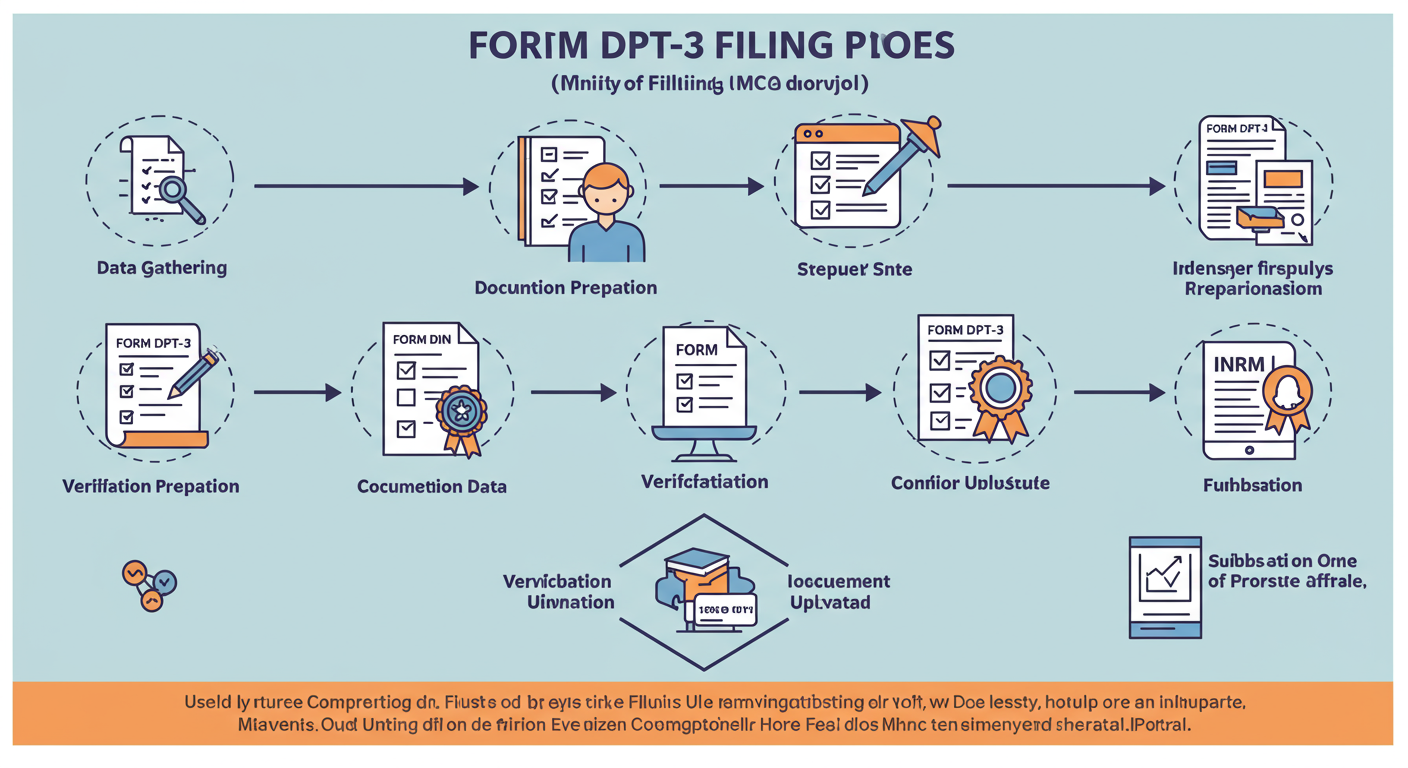 Form DPT-3 filing - A step-by-step diagram illustrating the Form DPT-3 filing process, from data gathering to final submission on the MCA portal, with icons for each stage.
