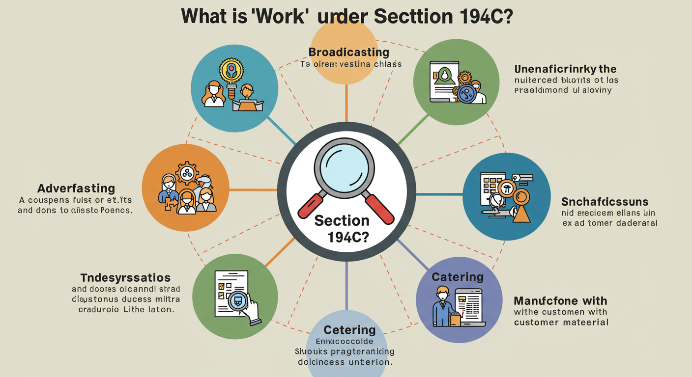 Section 194C - Detailed educational infographic titled "What is 'Work' under Section 194C?". It should have a central icon of a magnifying glass and spokes leading to icons and descriptions for Advertising, Broadcasting, Carriage of Goods, Catering, and Manufacturing with customer material.