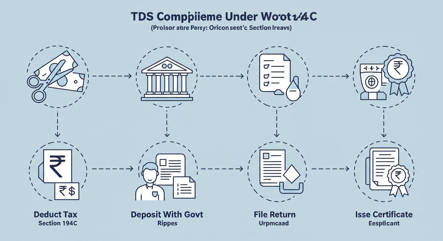 Section 194C - Professional minimalist flowchart showing the 4-step workflow of TDS compliance under Section 194C. Step 1: Deduct Tax (icon: scissors cutting a rupee note). Step 2: Deposit with Govt (icon: bank building). Step 3: File Return (icon: document upload). Step 4: Issue Certificate (icon: certificate/medal).