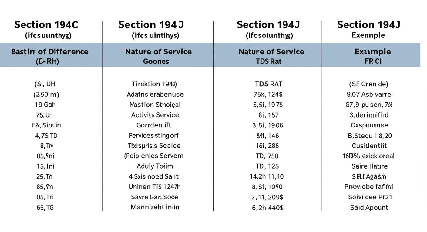 Section 194C - A clean, high-quality graphic comparing Section 194C and Section 194J side-by-side. Columns for: Basis of Difference, Nature of Service, TDS Rate, and Example.