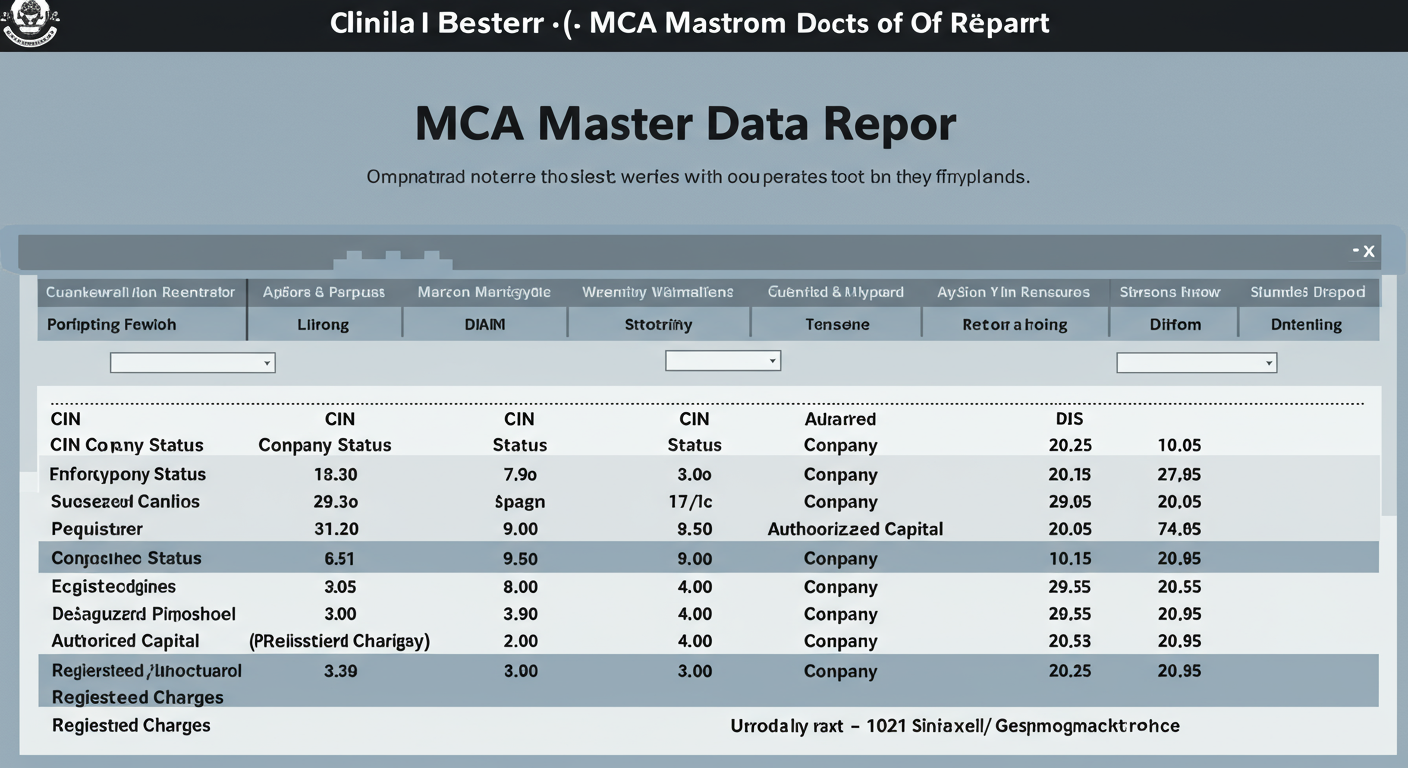 MCA21 company master data - An educational infographic that looks like an annotated screenshot of an MCA Master Data report. Use callout boxes to explain key fields like CIN, Company Status, Authorized Capital, and Registered Charges.