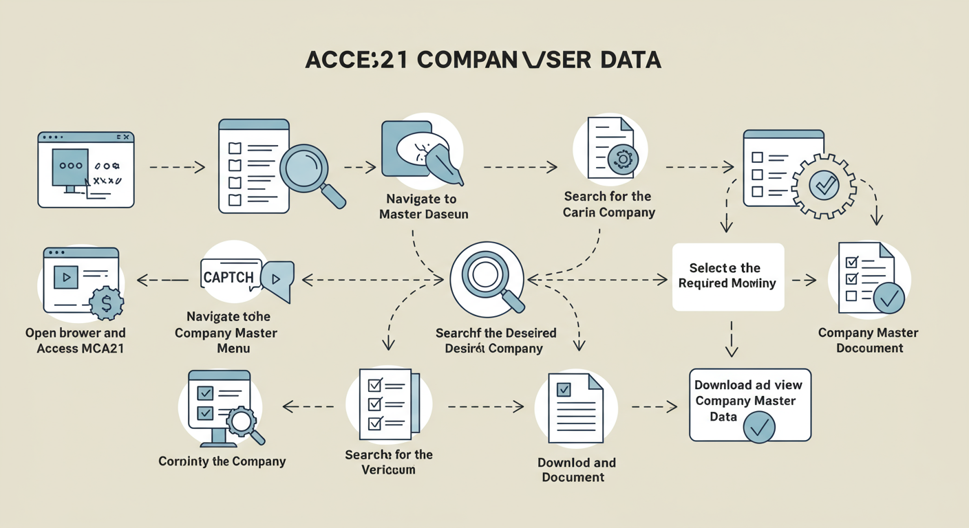 MCA21 company master data - Professional minimalist flowchart showing the 6-step process to access MCA21 Company Master Data, with icons for each step: browser, menu, search, captcha, and document.