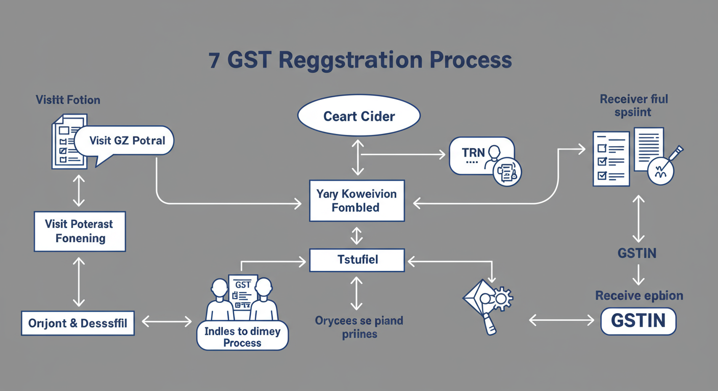 GST Number Kaise Le - A clean, professional flowchart illustrating the 7-step GST registration process, from visiting the portal to receiving the GSTIN, with key milestones like TRN and ARN highlighted.
